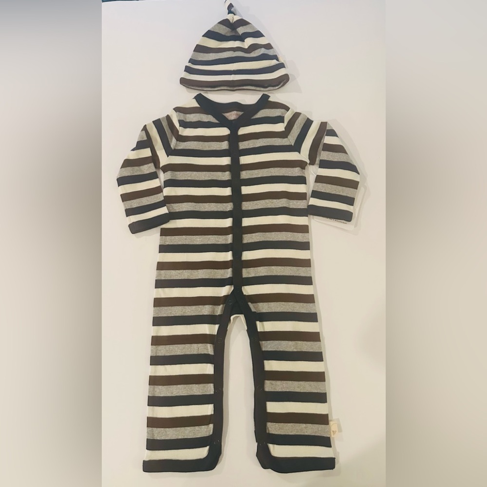 Burt’s Bee Baby New Striped Kids One Piece w/ Hat Brown, Cream, & Blue 12 month - Picture 1 of 5